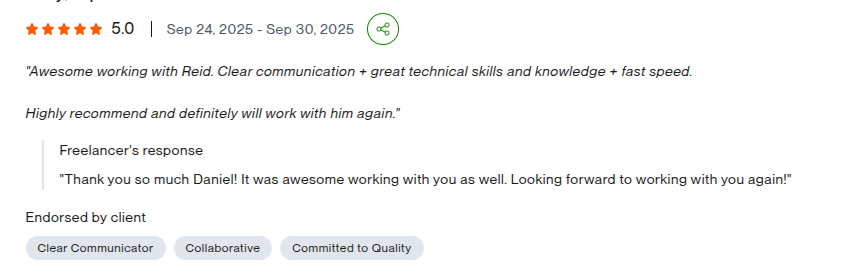 Upwork review screenshot from Daniel